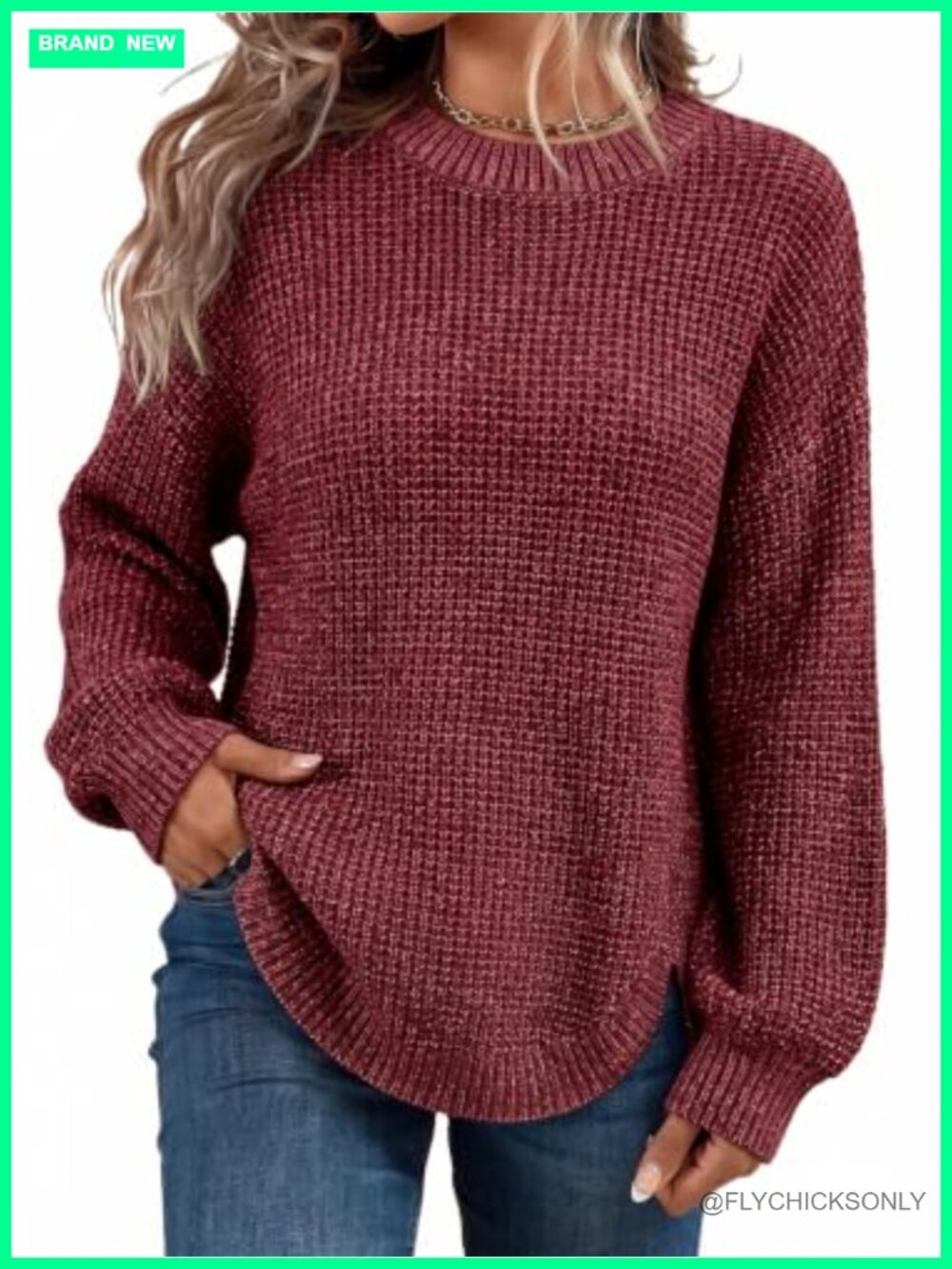 Oversized Waffle Knit Pullover Sweater Long Sleeve Crewneck